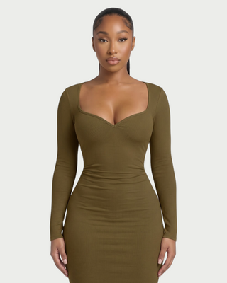 CORA Ribbed Knit Sweetheart Square Neck Midi Dress