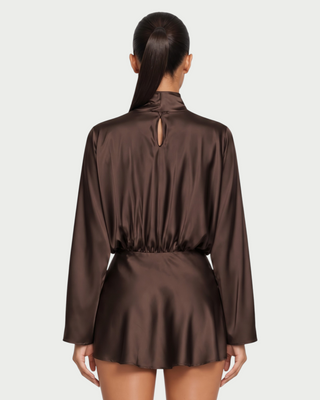 AZIEL Draped Scarf Neck Long Sleeve Mini Dress
