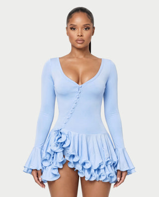 NADIA V-Neck Asymmetric Long Sleeve Ruffle Mini Dress
