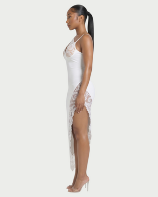 COLLINS Asymmetric Hem Lace Panel Maxi Dress