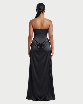 VELIA Corset Ruched Draped Satin Maxi Dress