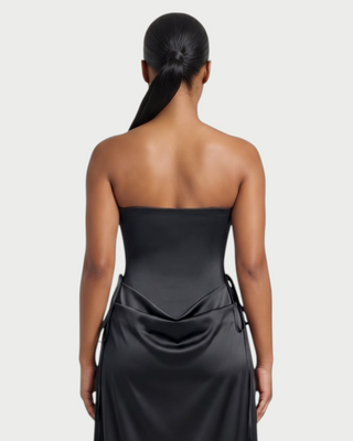 VELIA Corset Ruched Draped Satin Maxi Dress