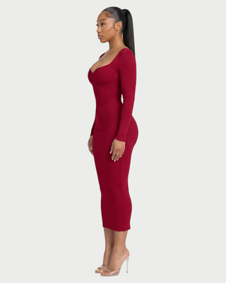 CORA Ribbed Knit Sweetheart Square Neck Midi Dress