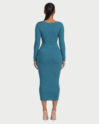 CORA Ribbed Knit Sweetheart Square Neck Midi Dress