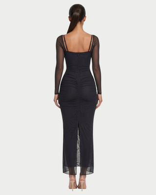 NOIR Lace Bust Sheer Mesh Long Sleeve Maxi Dress