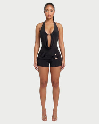 NISHKA Halter Draped Beaded Open-Back Romper