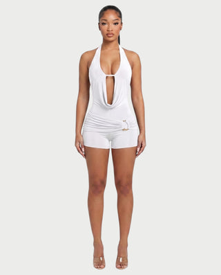 NISHKA Halter Draped Beaded Open-Back Romper