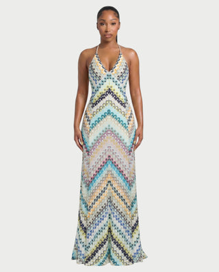 LANEY Chevron Crochet Cross-Back Maxi Dress