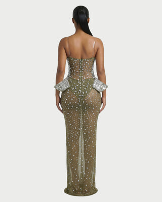 VREYS Crystal Studded Sheer Maxi Dress