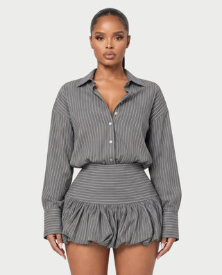 MILANA Striped Long Sleeve Shirt Top & Ruffle Mini Skirt Set