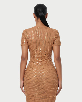 DULCINEA V-Neck Embellished Short Sleeve Ruched Maxi Dress