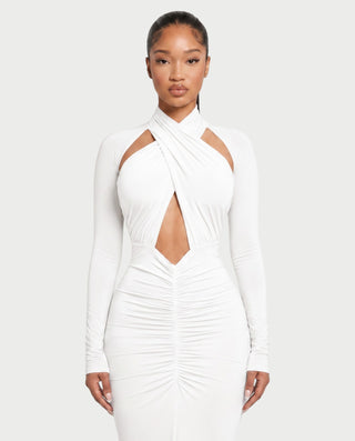 AVILINA Cross-Halter Ruched Bodycon Maxi Dress