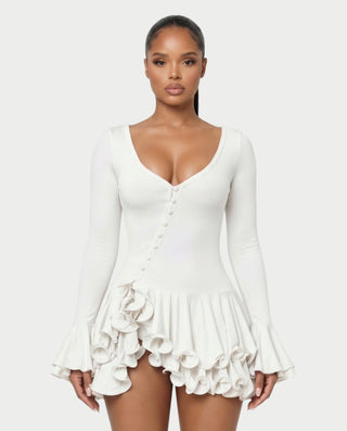 NADIA V-Neck Asymmetric Long Sleeve Ruffle Mini Dress