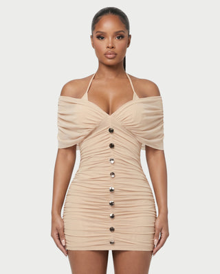 VANE Halter Neck Off-Shoulder Ruched Bodycon Mini Dress