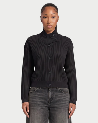 XONA Button Front High-Neck Ribbed Knit Cardigan