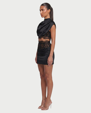 LESKA Draped Top Lace Mini & Skirt Set