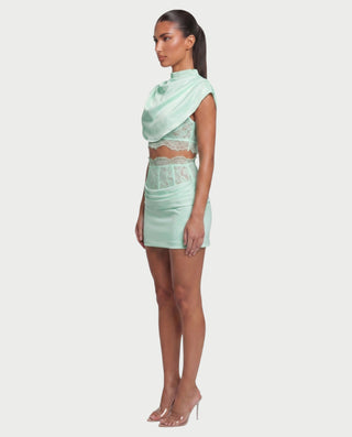 LESKA Draped Top Lace Mini & Skirt Set