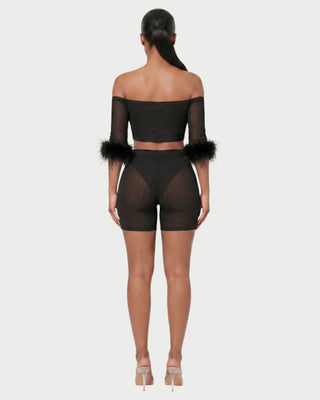 RAMIRA Faux Feather Trim Mesh Top & Shorts Set