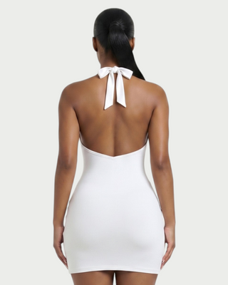 RESSI Ruched Halter Open-Back Mini Dress