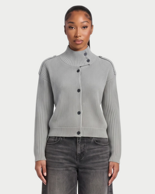 XONA Button Front High-Neck Ribbed Knit Cardigan
