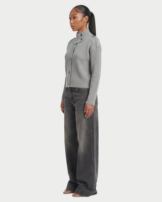 XONA Button Front High-Neck Ribbed Knit Cardigan