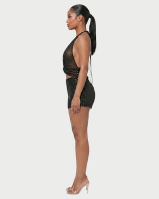 ELISSA Sequin Twist-Front Halter Top & Shorts Set