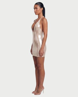 CLARICE Plunging Halter Metallic Mini Dress