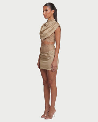 LESKA Draped Top Lace Mini & Skirt Set