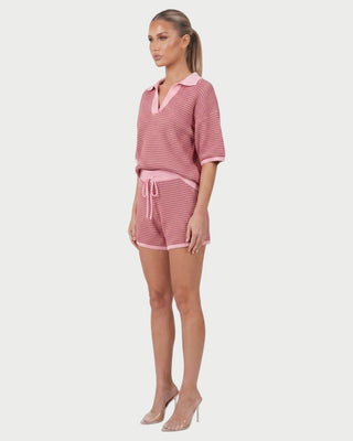 OLENNA Striped Knit Oversized Top &  Drawstring Short Set