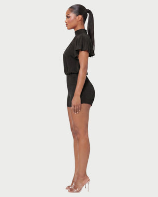 BERNICE Mock Neck Cape Sleeve Open-Back Romper