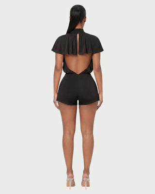 BERNICE Mock Neck Cape Sleeve Open-Back Romper