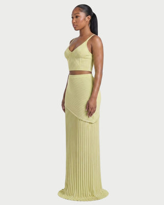 Conjunto de top corto de punto acanalado y falda larga plisada VESPERA