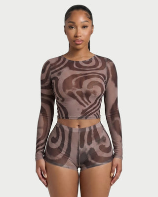 TRIMA Sheer Swirl Print Crop Top & Shorts Set