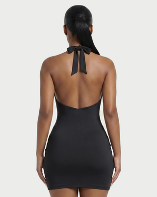 RESSI Ruched Halter Open-Back Mini Dress