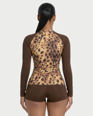 ADAIR Leopard Print Contrast Long Sleeve Top & Mini Shorts Set