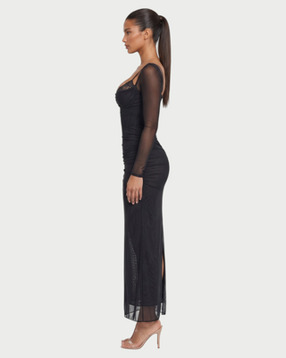 NOIR Lace Bust Sheer Mesh Long Sleeve Maxi Dress