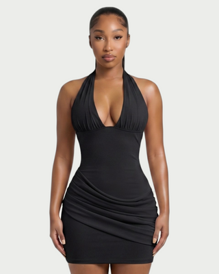 RESSI Ruched Halter Open-Back Mini Dress