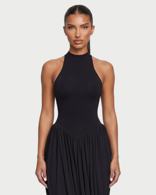 SHAYE High Neck Racerback Ruched Draped Maxi Dress