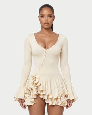NADIA V-Neck Asymmetric Long Sleeve Ruffle Mini Dress