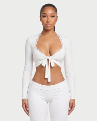 ZEINARA Lace Trim Tie-Front Long Sleeve Crop Top