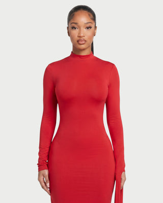ALMERA Mock Neck Draped-Sleeve Bodycon Maxi Dress