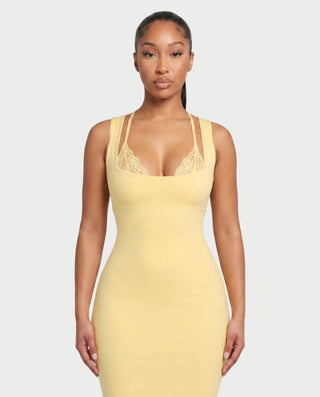 MANON Lace-Trim Scoop Neck Bodycon Midi Dress