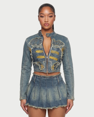 Conjunto de chaqueta vaquera corta y minifalda plisada DANIELA