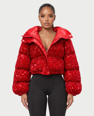 RENYA Sequin Hooded Cropped Zip-Up Puffer Jacket