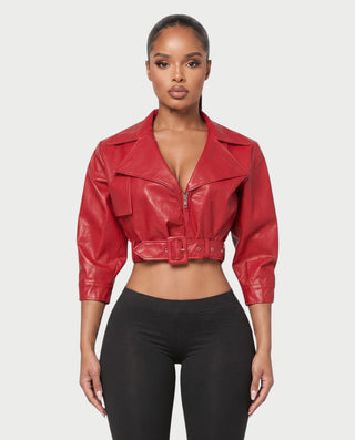 ARDEN Cropped Faux Leather Moto Jacket with Belted Waist