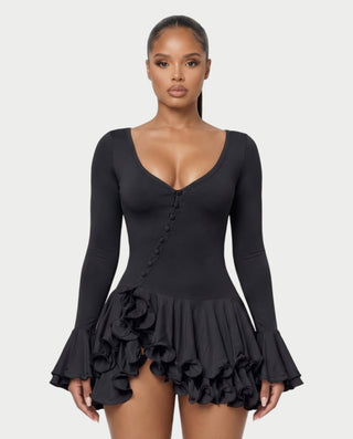 NADIA V-Neck Asymmetric Long Sleeve Ruffle Mini Dress