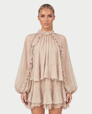 NAVIA Ruffle Mock Neck Long Sleeve Mini Dress
