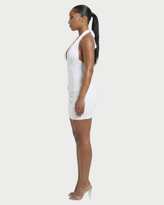 RESSI Ruched Halter Open-Back Mini Dress