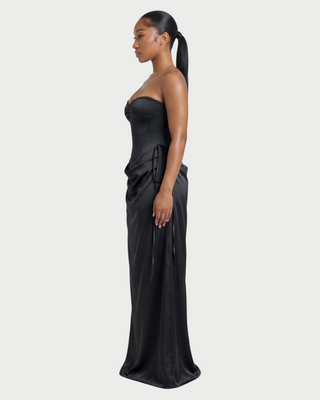 VELIA Corset Ruched Draped Satin Maxi Dress