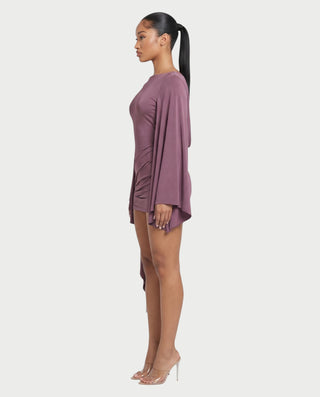 CAISYN Draped Bell Sleeve Ruched Bodycon Mini Dress